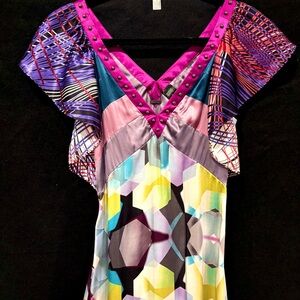 Colorful V- Neck Geometric silk maxi designer dress Custo Barcelona